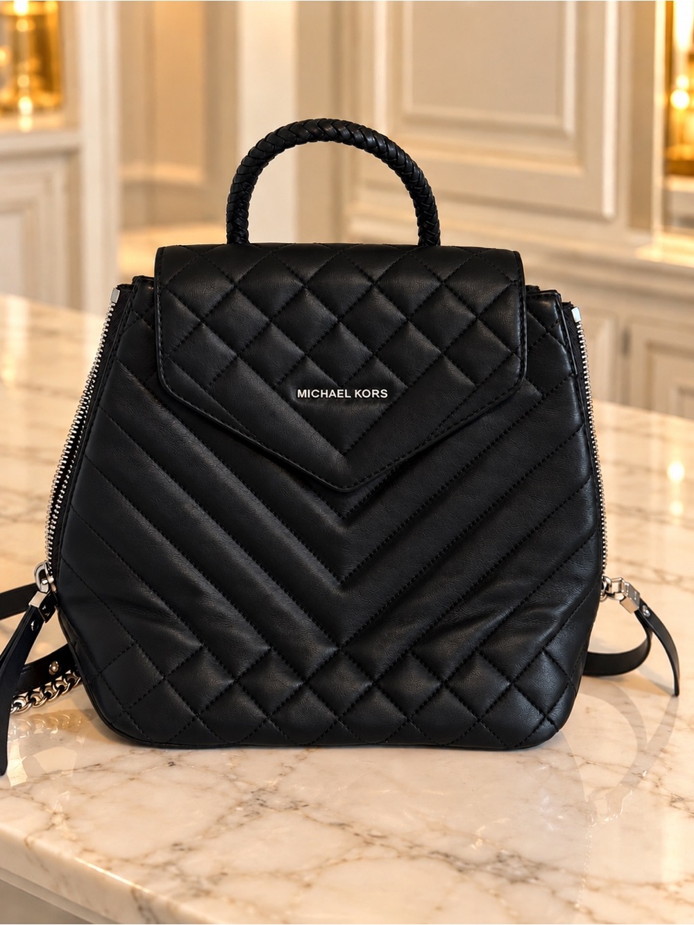 Michael Kors Black Quilted Leather Backpack Satchel
